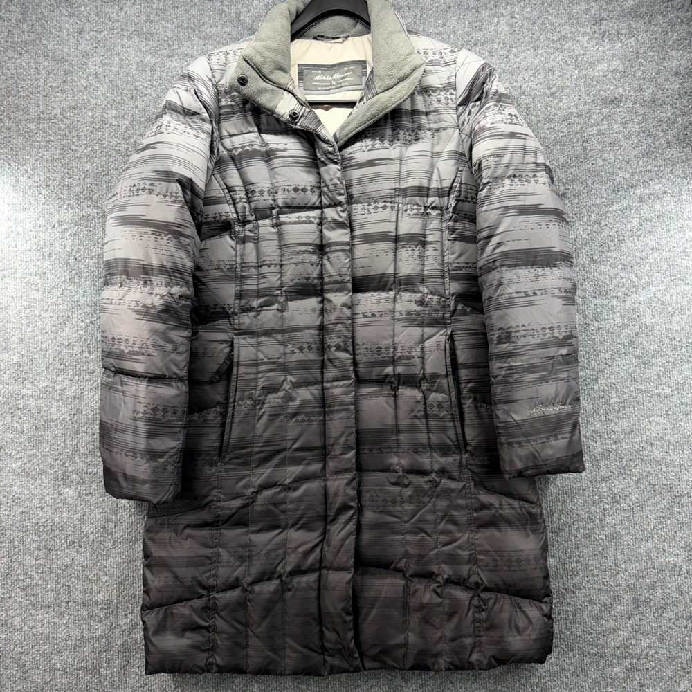Eddie Bauer Puffer Coat Women Gray Geometric Print Full Zip Down Filled